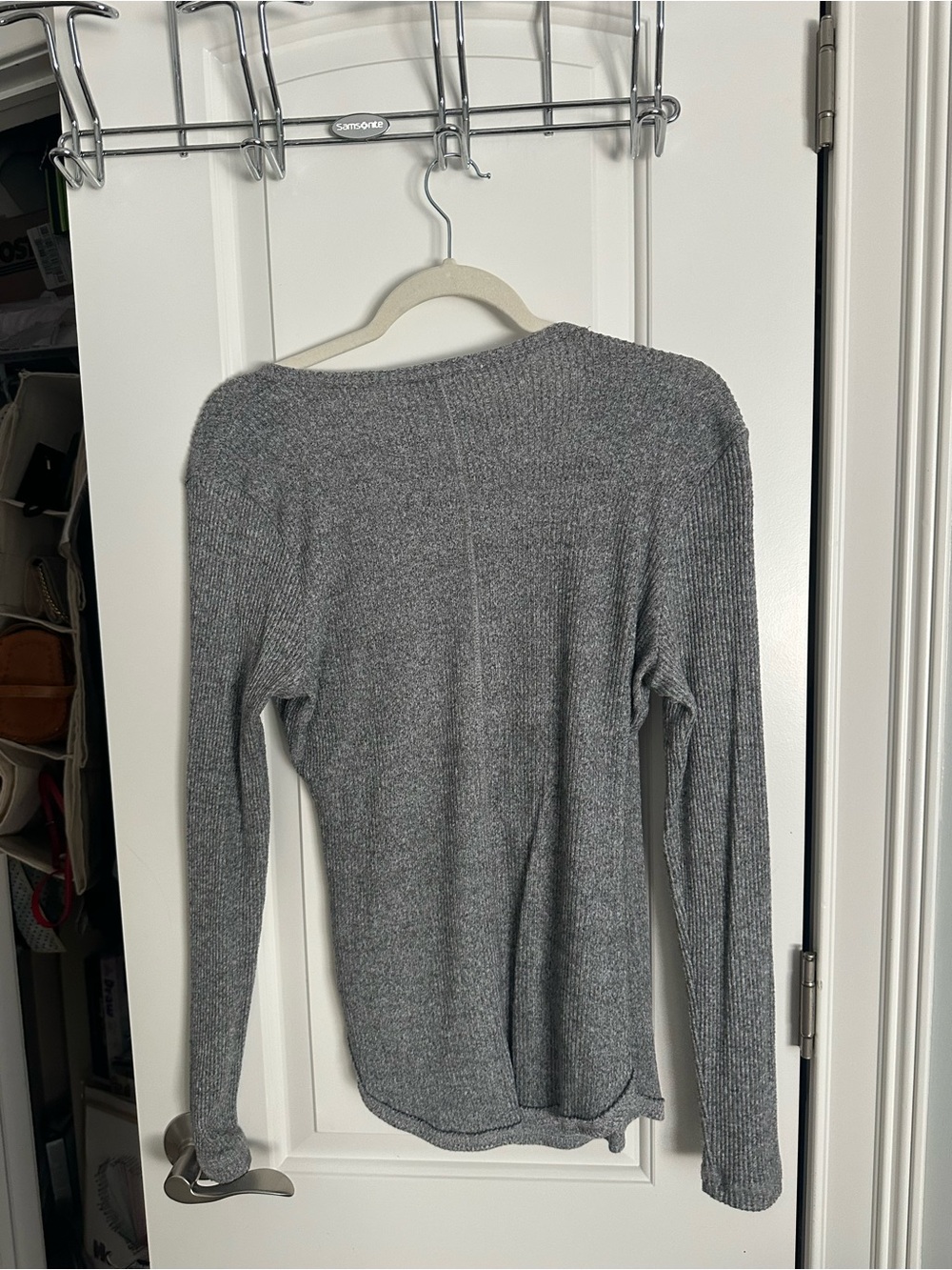 Caslon Gray Ribbed Wrap-Front Long Sleeve Top - Picture 3 of 3